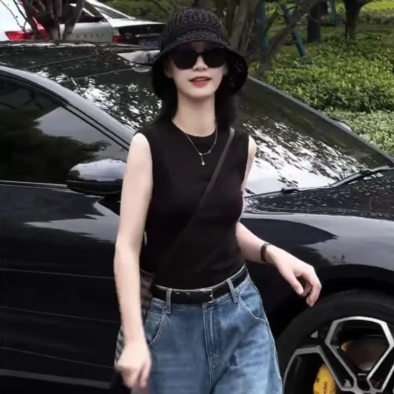 Women Clothes Summer Korean Fashion All-match Fashionable Trend Appear Thin Ice Shreds Solid Color O-neck Sleeveless Cardigan