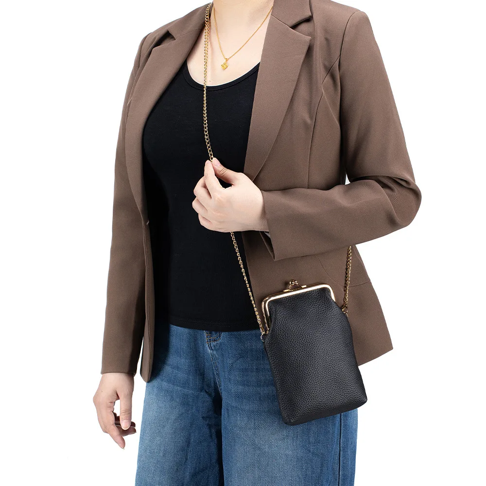 

Small Crossbody Phone Bag for Women Cell Phone Purse Wallet Kiss Lock Cute Shoulder Bag with Chain Top Layer Cowhide Crossbody
