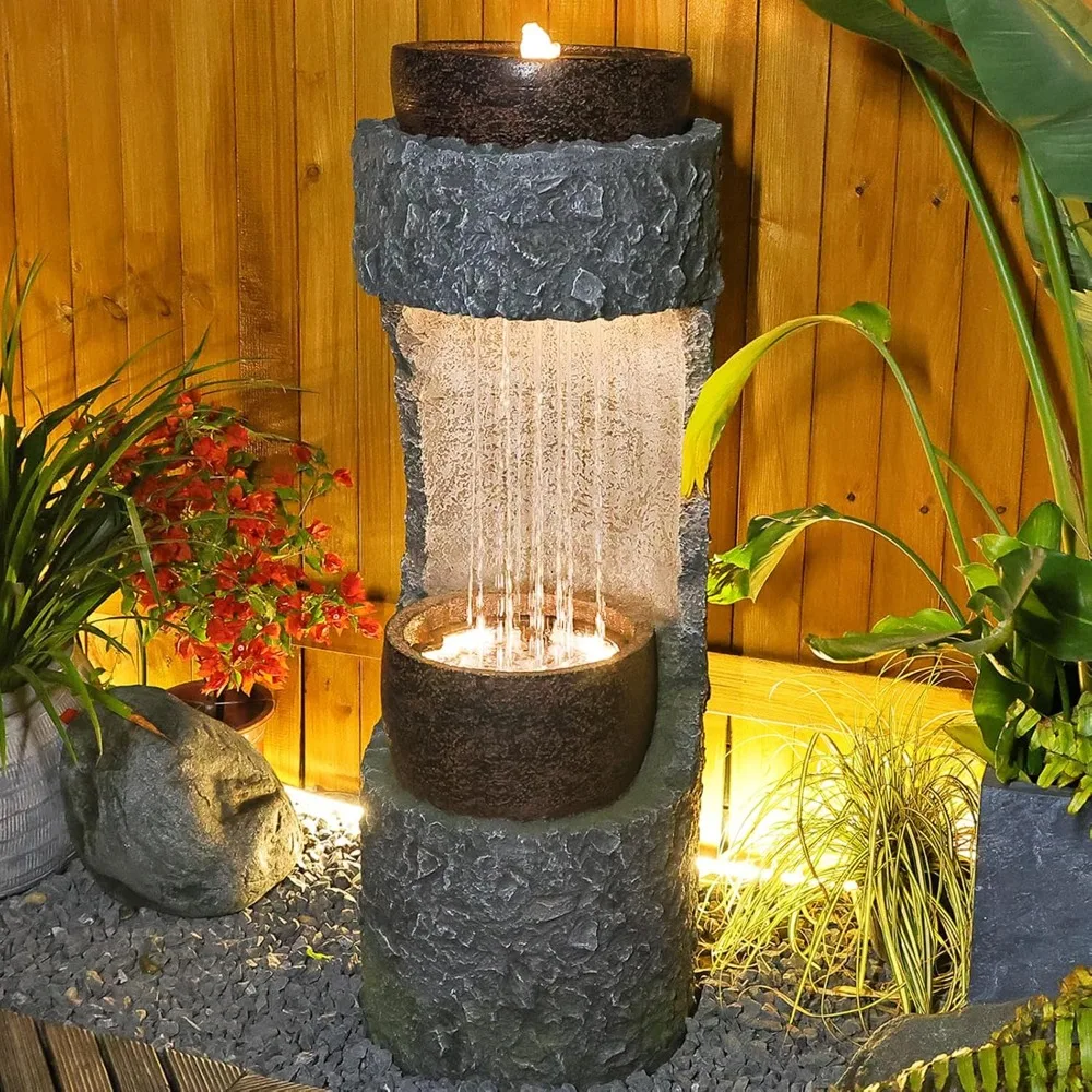 

Garden Water Fountain Outdoor Waterfalls Fountain Floor Standing Water Fountains with LED Lights, Pump,Natural Stones for Garden