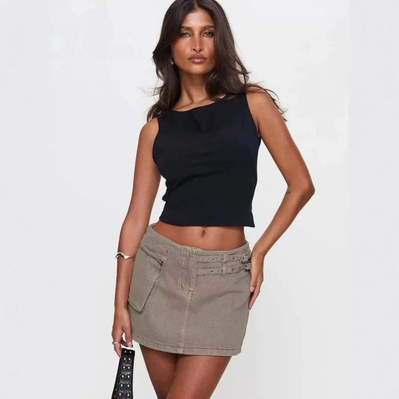 

Princ Polly Silver Hardware Waed Denim Skirt Side ket Detail OL Sle Spring Collection Women's Faion Hanfu