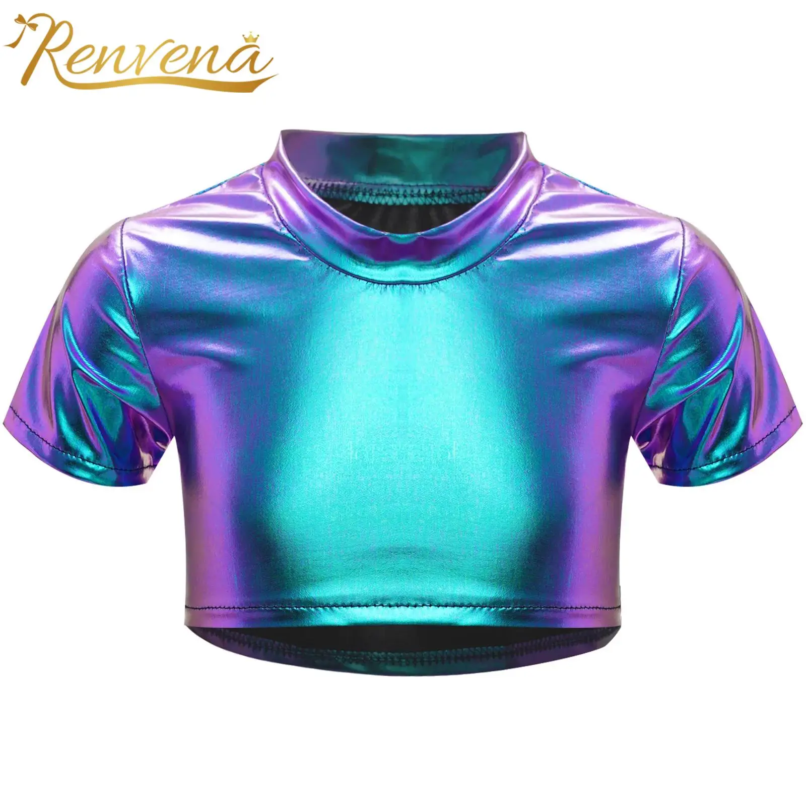 Tshirt Kids Girls Metallic Dance Tops Short Sleeve Round Neck Crop Top Hip Hop Jazz Dance Party Costume Children's T-shirts