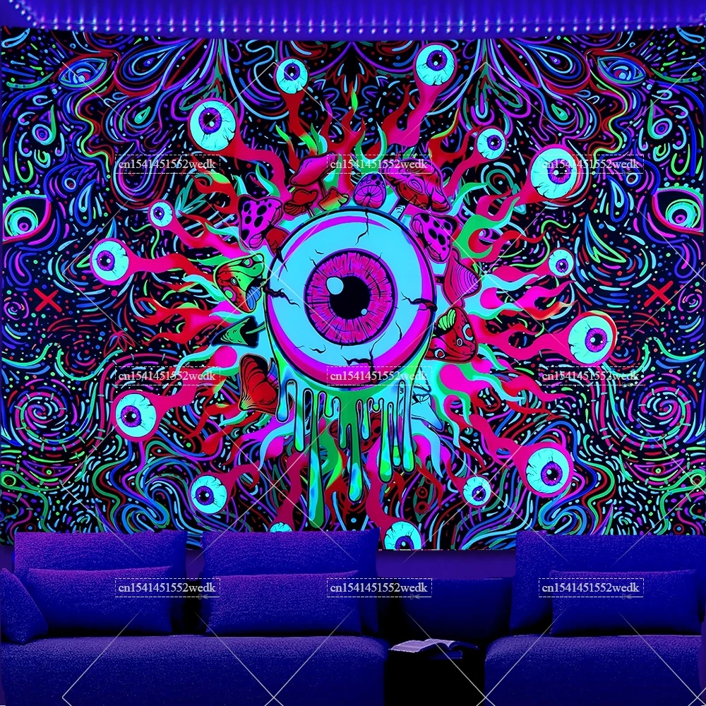 Eyes UV Reactive Blacklight Tapestry Mushroom Flowers Tapestries Fluorescent Tapestrys Glow Aesthetic Neon Party Backdrops