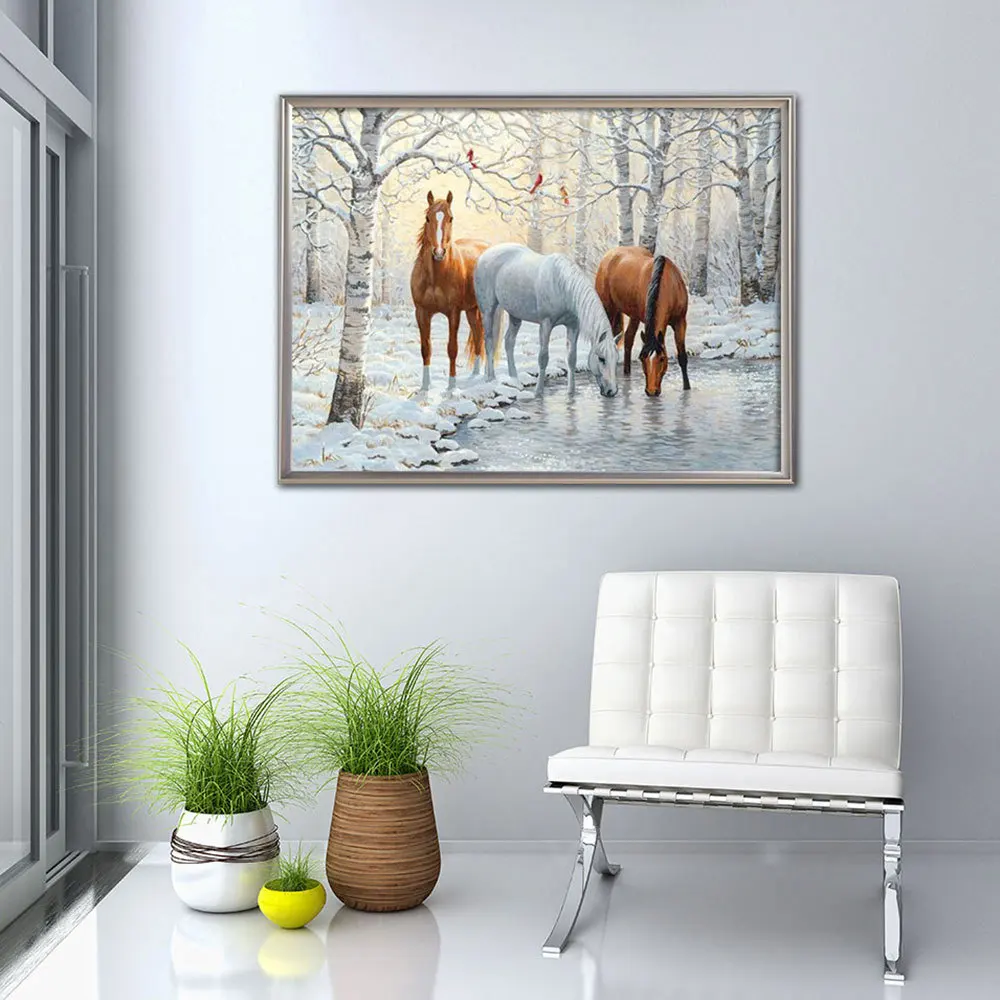 HUACAN inverno pittura diamante cavallo pieno quadrato rotondo mosaico animale ricamo Kit completo immagine di strass decorazione della parete