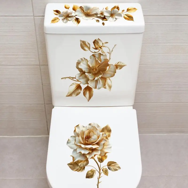 Luxury Gold Floral Toilet Sticker Waterproof Self Adhesive Bathroom Decor Sticker Wall Stickers Home Decoration Stick