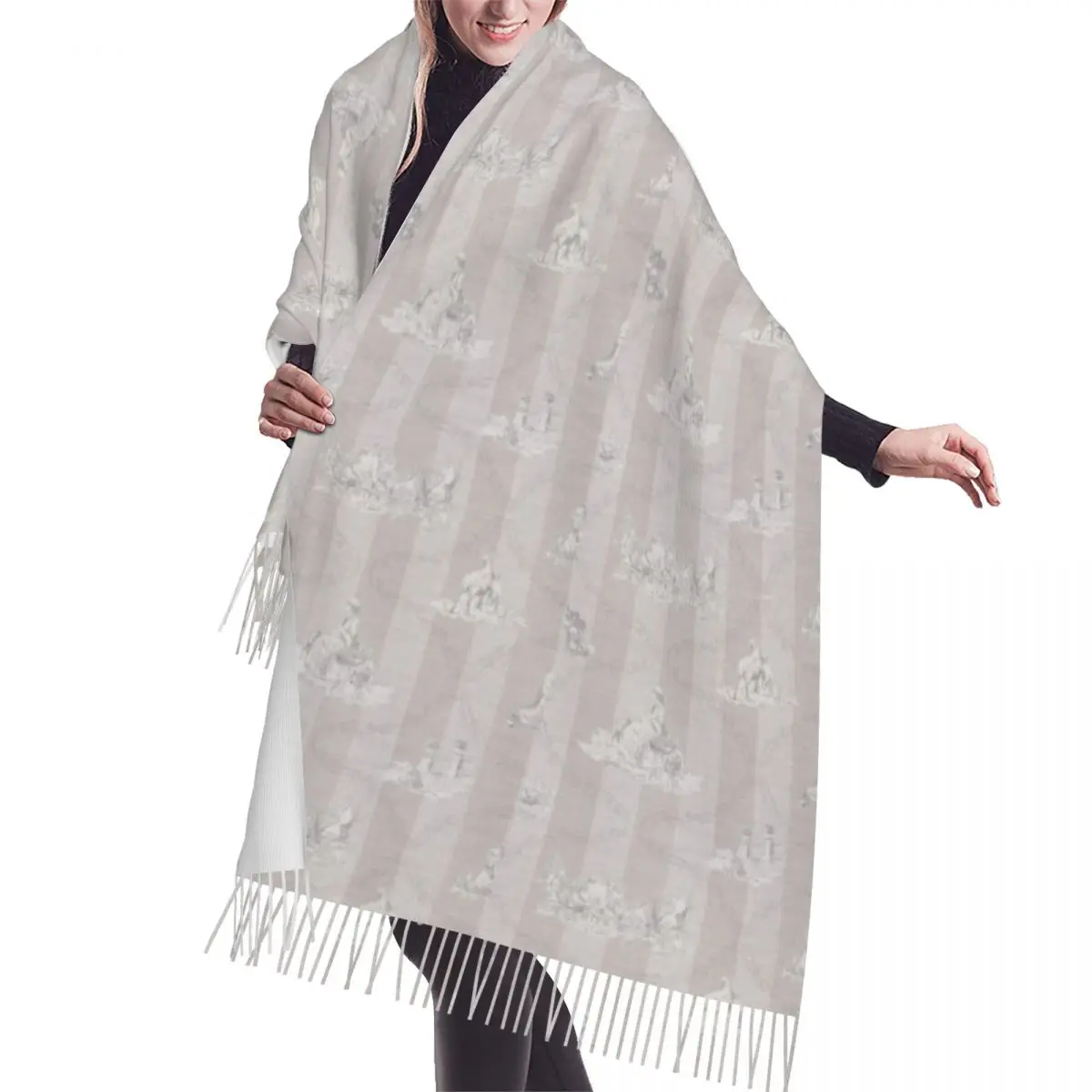 French Toile De Jouy Stripes Grey Large Graphite Scarf Women Men Winter Fall Warm Scarves Traditional France Art Shawls Wraps