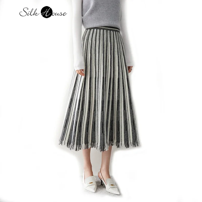 2023 Women's Fashion Autumn and Winter New Cashmere High Waist Umbrella Skirt Vintage Tassel Knitted Loose Abstract Stripe Skirt