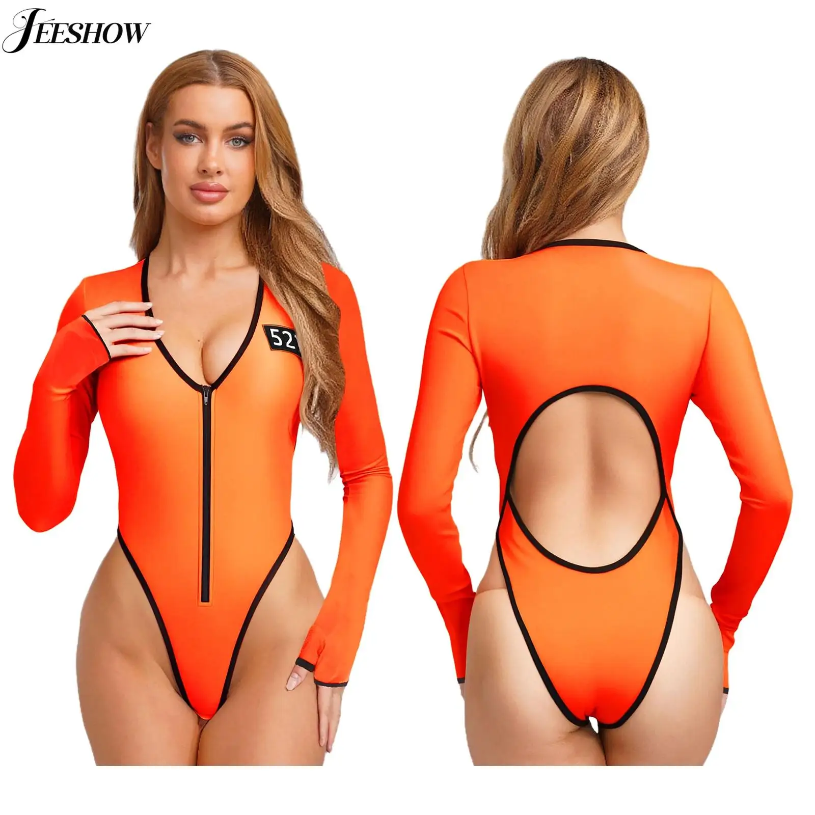Disfraz de cárcel Sexy para mujer, disfraz de prisionero de Halloween, cuello en V profundo, manga larga, Espalda descubierta, mono de corte alto, uniformes de loco