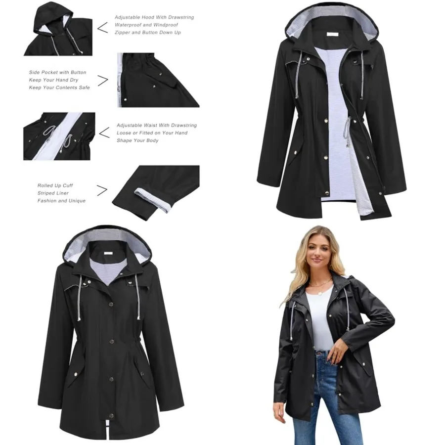 

Hount Women Rain Jacket Lightweight Waterproof Raincoat Lined Outdoor Hooded Windbreaker Trench Coat