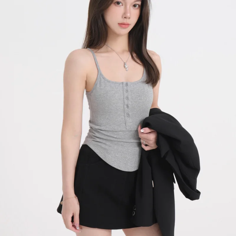 

Women Buttons Front Cami Top With Ruched Detail