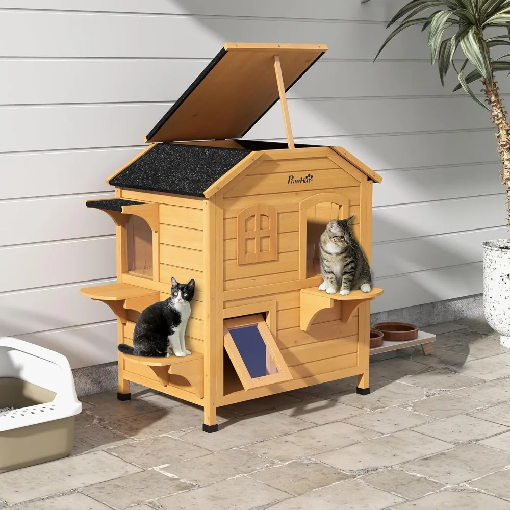 pawhut 2-story cat house outdoor, weatherproof wooden cat enclosure for feral cats with escape door, openable roof, jumping plat view 2