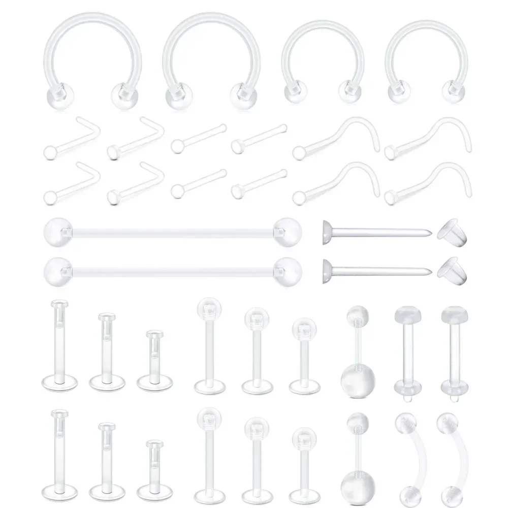 

38pcs Clear Piercing Nose Rings Belly Rings Septum Eyebrow Lip Cartilage Earring Retainer Piercing Jewelry