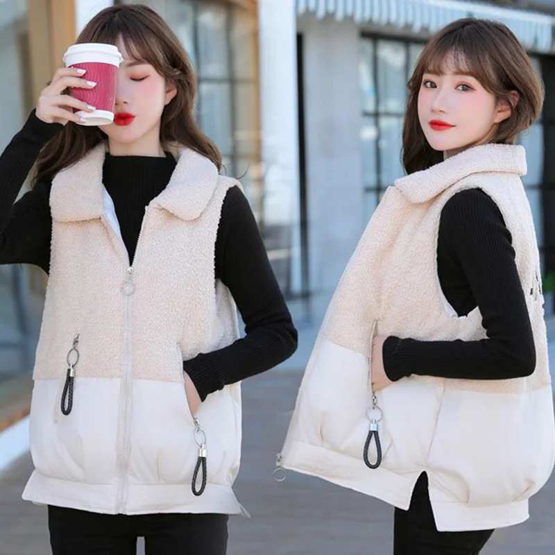 

Lamb Wool Spliced Women Warm Short Vest Letter Embroidery Fashion Elegant Vintage Thicken Coat Winter Female Sleeveless Jacket