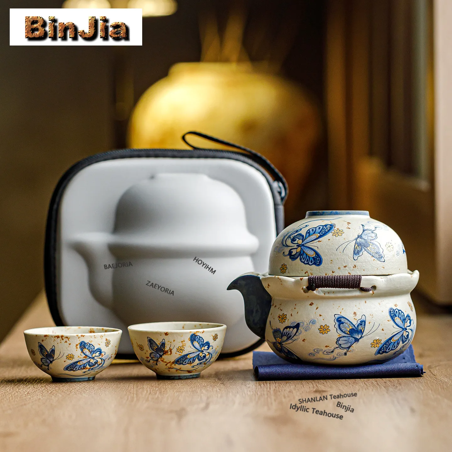 Hand Painted Butterfly Travel Tea Set Kit Elegant 1 Pot 3 Cups Household Tea Maker Organizer Portable Picnic Tote Bag Supplies