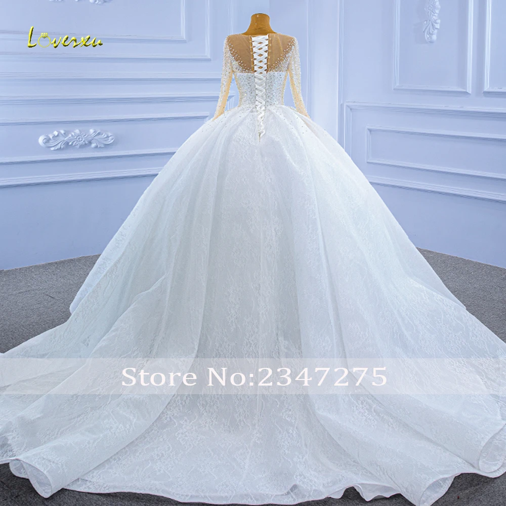 Loverxu Ball Gown Luxury Wedding Dresses O-Neck Long Sleeve Shiny Bride Dress Lace Beaded Sequined Custom Made Bridal Gown