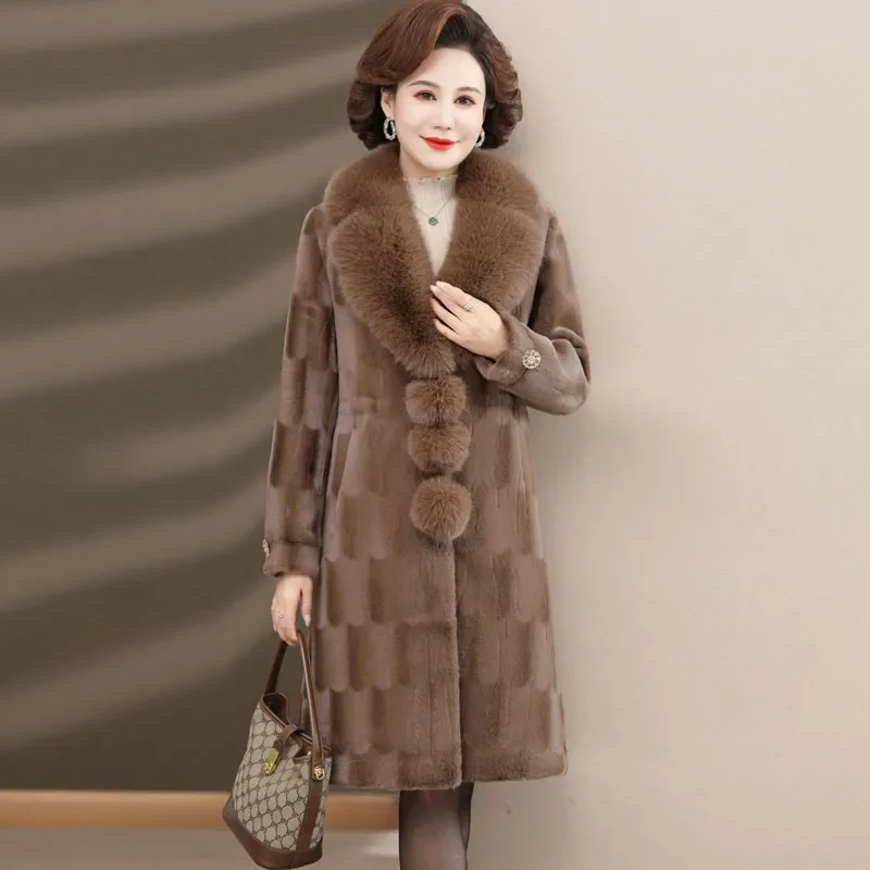 

Autumn Winter 2026 New Fur Coat Women Fashion Middle-Aged Mom Long Mink Fur Jacket Female Temperament Loose Overcoat T1644 T1644