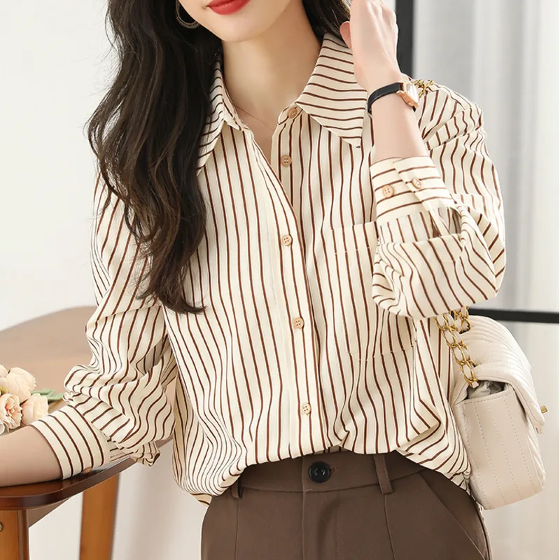 #2526 Striped Shirt Women Long Sleeve Office Womens Tops And Blouses Korean Style Loose Vintage Shirts Female Pockets Spring2024