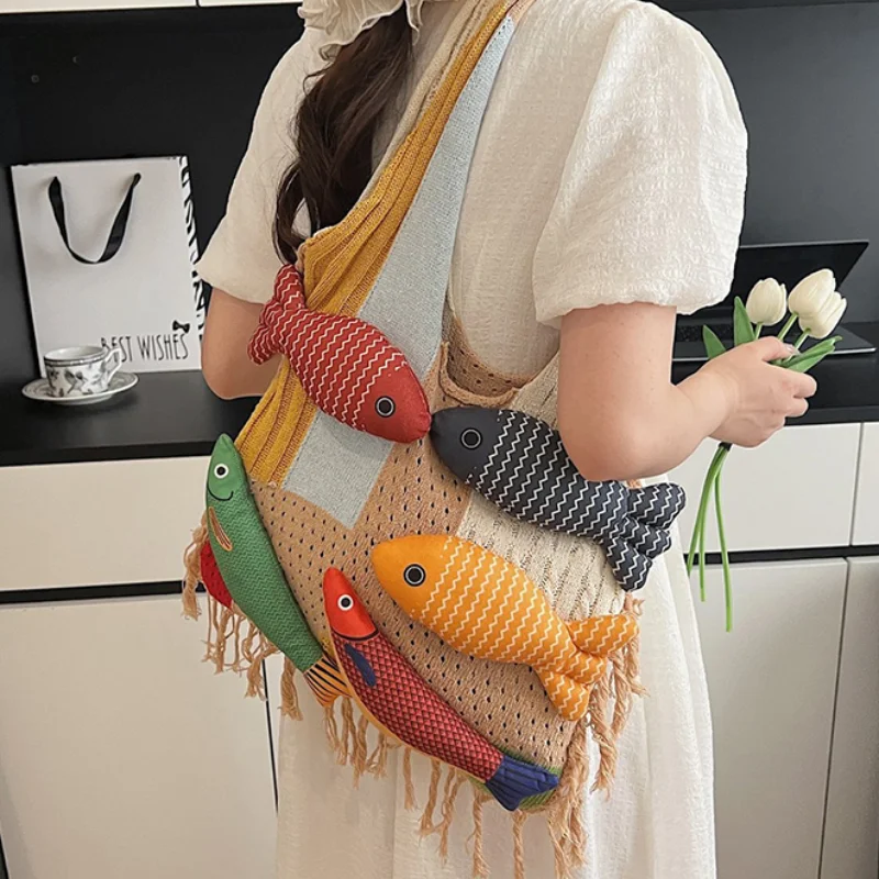 

Women Knitting Shoulder Bag Large Capacity Little Fish Knitting Underarm Bag Solid Crochet Tote Handbag Beach Bag Hobo Handbag