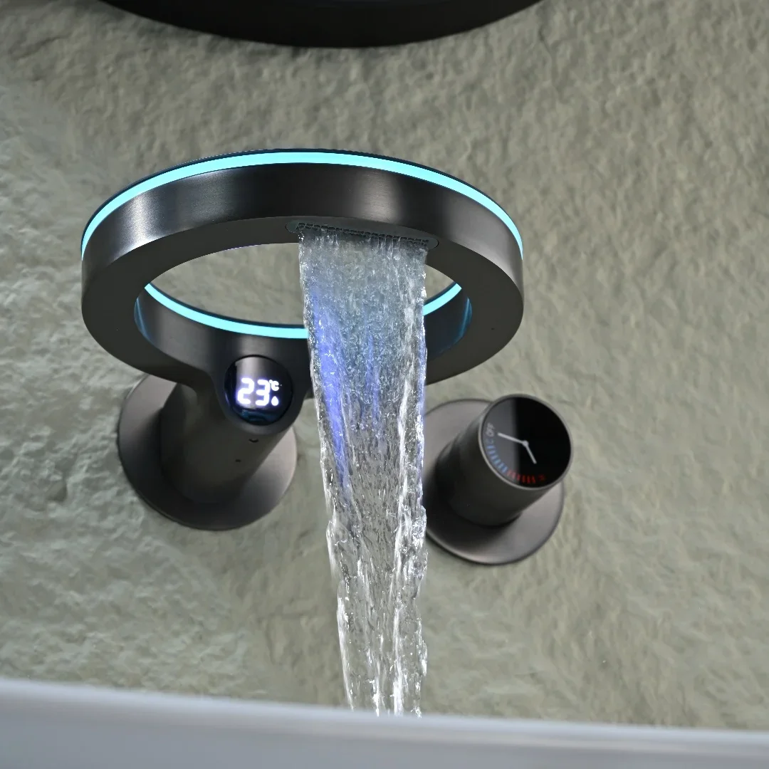 Fashion Ring Concealed Bathroom Faucet Water Temperature Digital Display LED Luminous Edge Waterfall Spout Basin Faucet