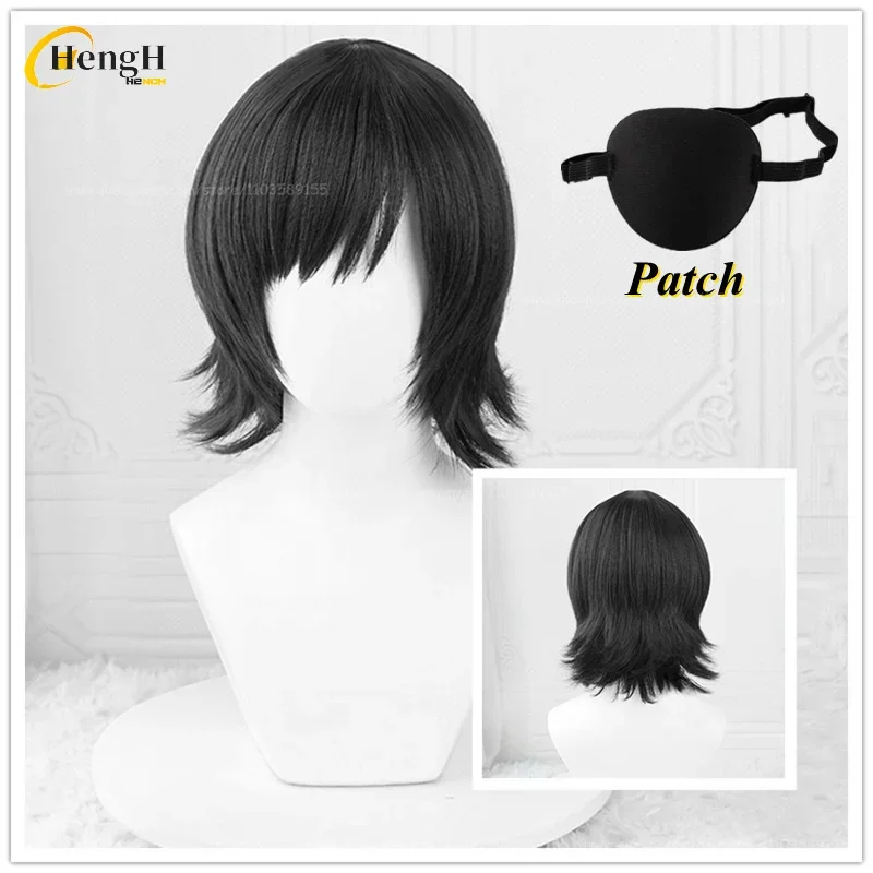 In Stock Himeno Synthetic Cosplay Wig Anime Short 33cm Black Wig With Patch Heat Resistant Hair Halloween Party Wigs + Wig Cap