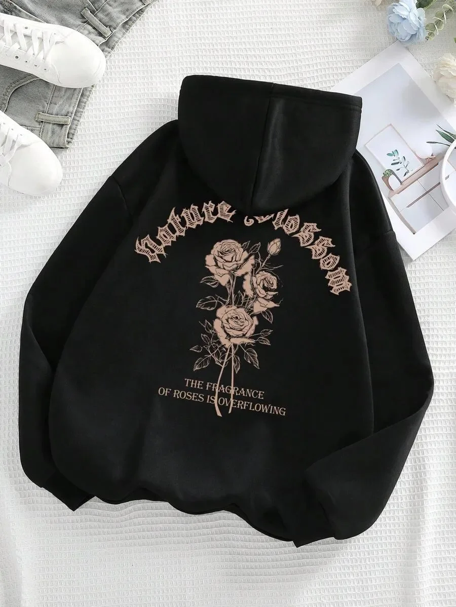 

Romantic - Style Pure Cotton Hoodie Featuring Rose Motif and Poetic Text - Charming Choice for Dreamy Individuals