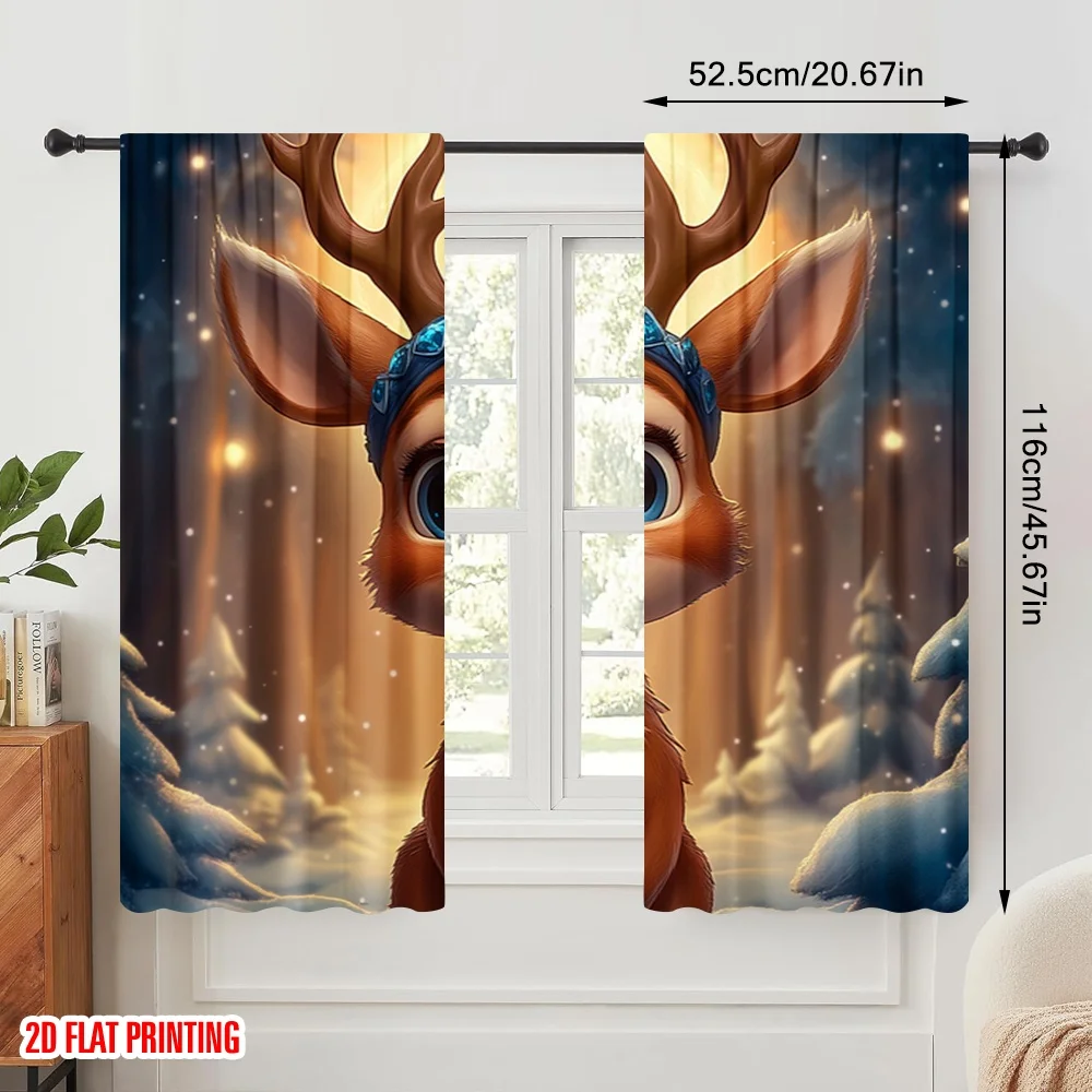 2pcs,2D plane printing Curtain Popular Cute Christmas Deer Winter Snow Versatile Durable Polyester (without rod) Decorations
