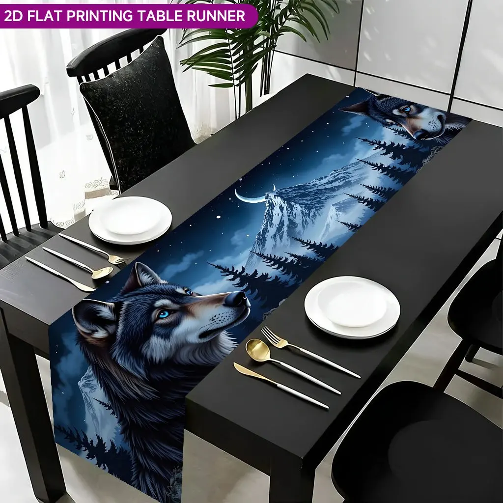 2D Flat Two Wolves Night Sky Print Polyester Table Runner Rectangular Kitchen Dining Decor Indoor Outdoor Family Holiday Party O