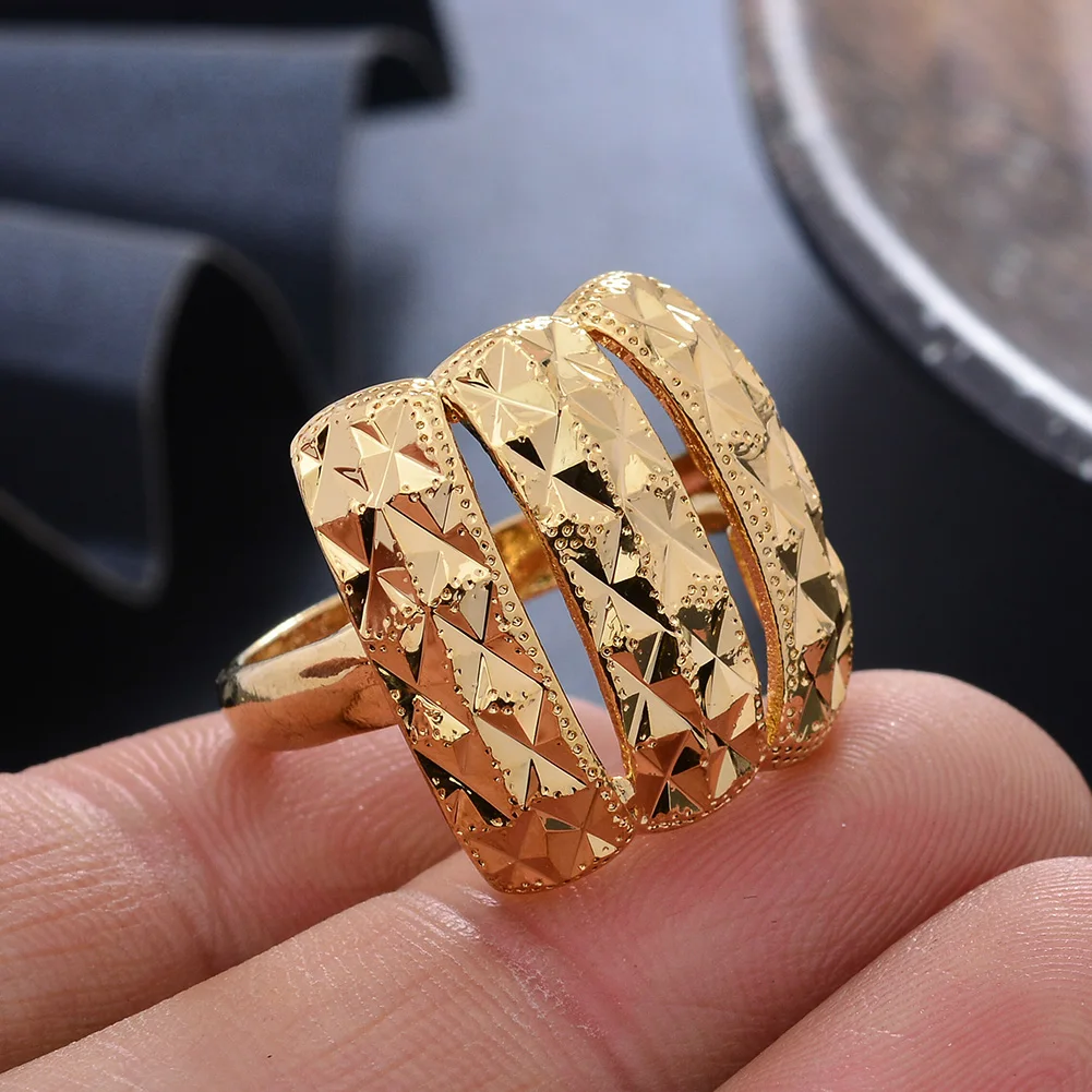 Real Gold Plating 24k Dubai Gold Color Rings For Women Girl African  Party Wedding Rings Hallowe Gift