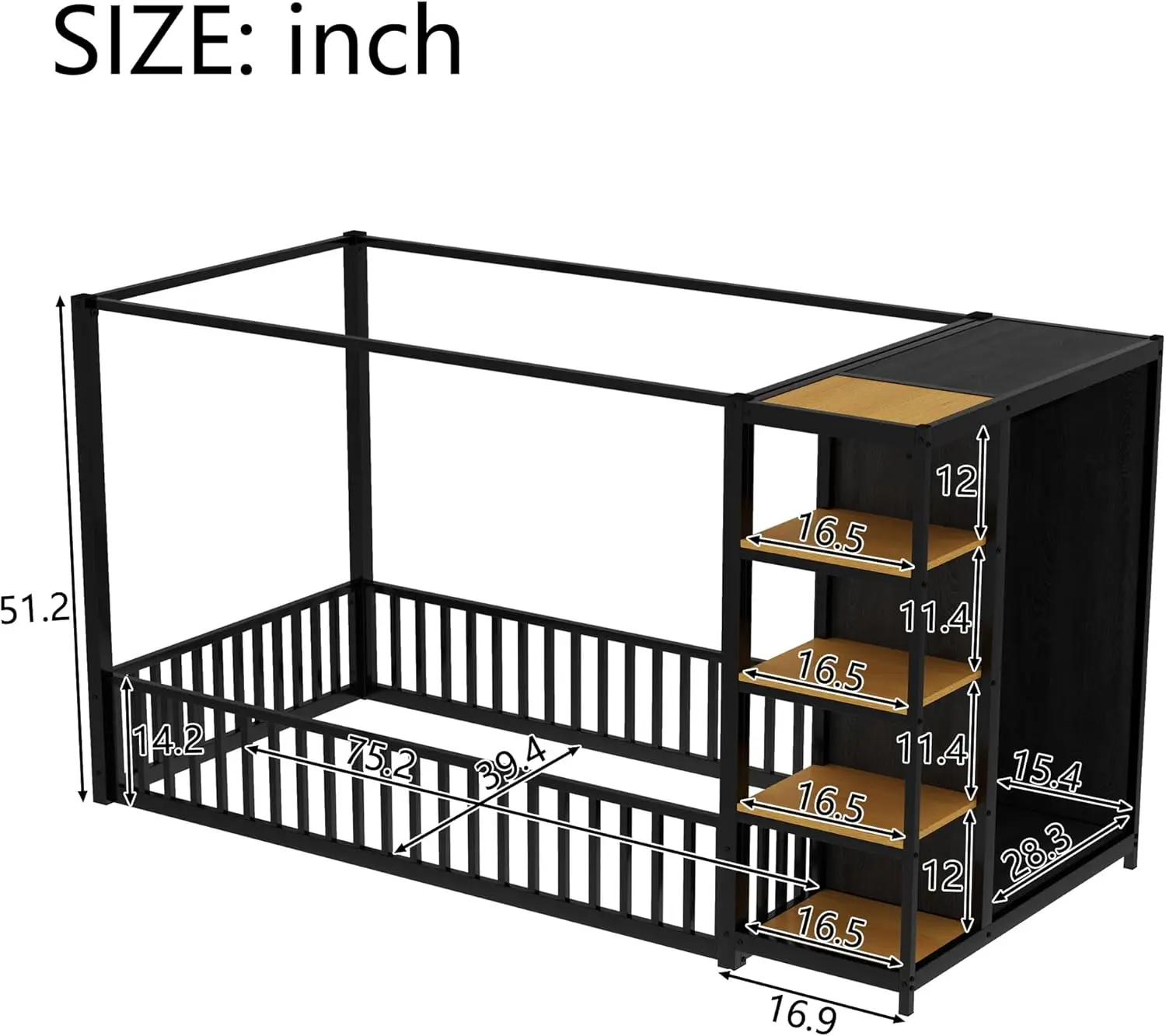 Tempat Tidur Lantai Montessori Ukuran dengan Lemari Pakaian dan Rak Penyimpanan, Rangka Tempat Tidur Lantai Kanopi untuk Anak-anak, Tempat Tidur Lantai Logam Ukuran Twin dengan Pagar