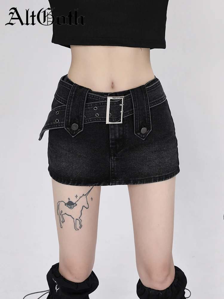 

AltGoth Harajuku Y2k Denim Skirt Women Dark Gothic Vintage High Waist Mini Skirt with Belt Streetwear Grunge Punk Emo Alt Outfit