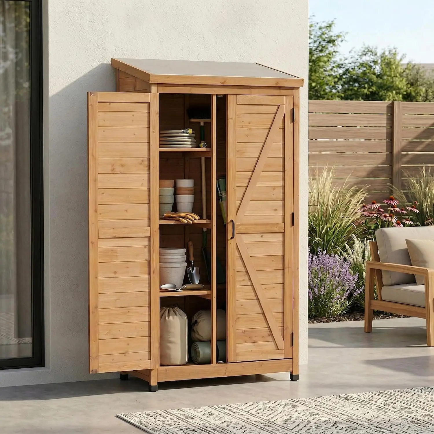 Wooden Outdoor Garden Tool Storage Shed Cabinet, Natural, Customized