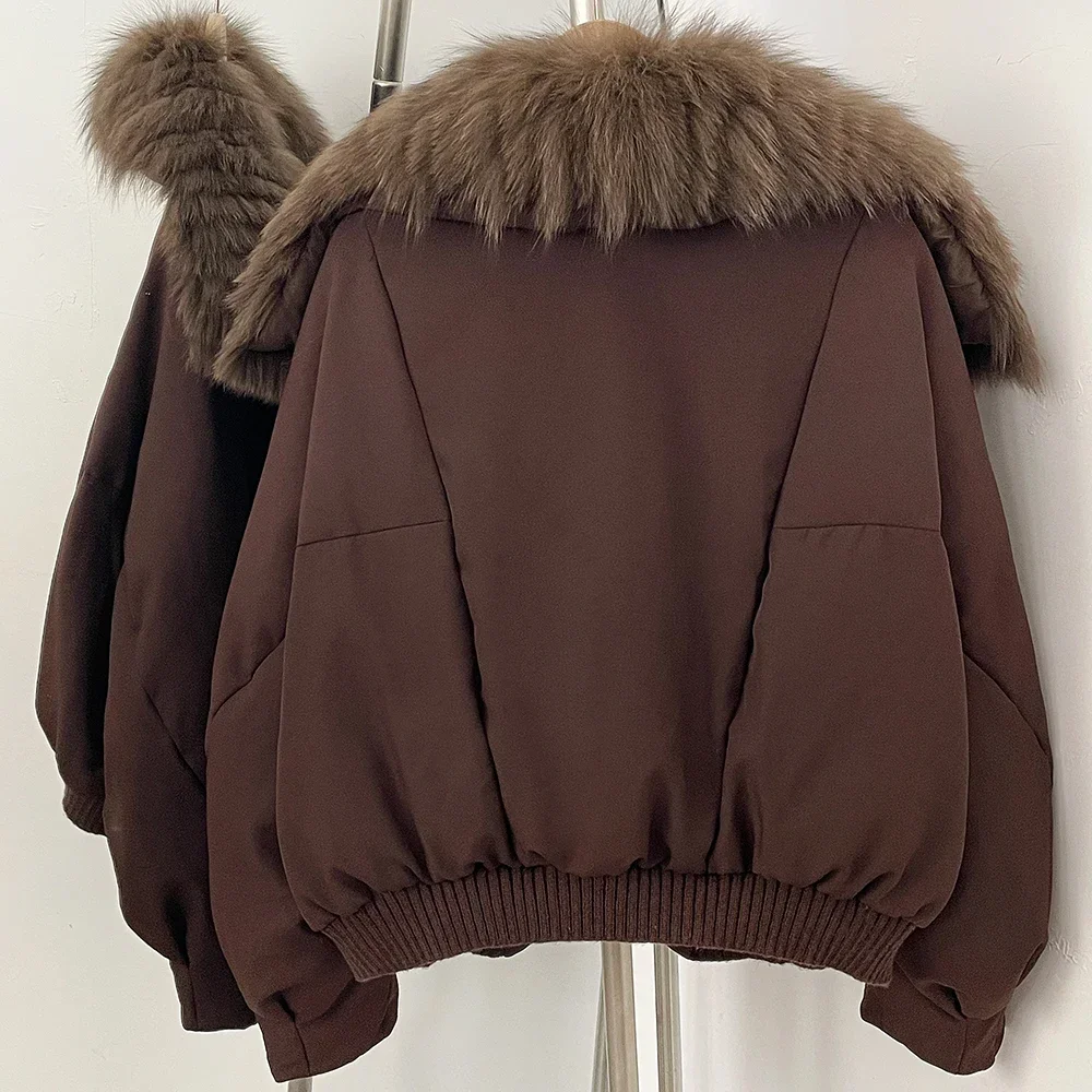 OFTBUY Kurze Warme Daunenjacke mit Natürlichem Pelzkragen, Modischer Neuer Winter Echter Fuchspelzmantel, Luxuriöser Weißer Enten-Daunenmantel für Damen – Detail 9