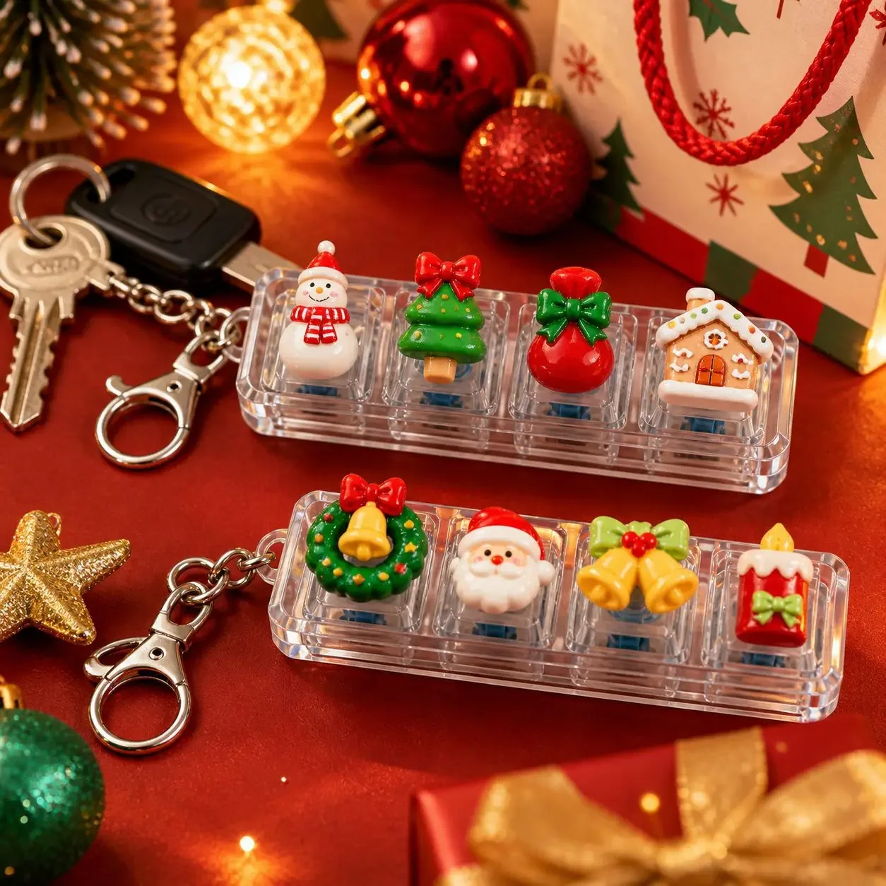 Christmas 4-Key Light-Up Stress Relief Button Pendant Long Mechanical Feel Keychain Christmas Holiday Gift