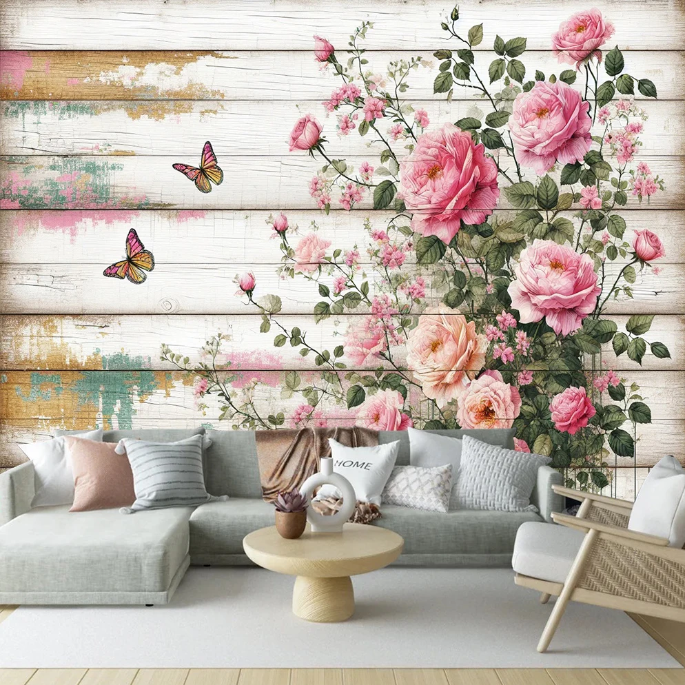 Custom Size Vintage Wall Mural Watercolor Pink Rose Floral Butterfly Wallpaper Art Wall Covering For Living Room Bedroom Office