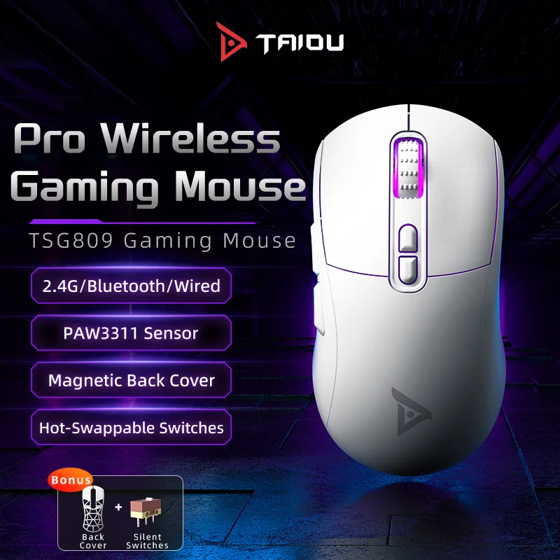 TAIDU TWG809 Wireless Gaming Mouse with RGB Lighting Magnetic Back Cover 3-Mode DIY Lightweight 65g for Esports FPS Gamer