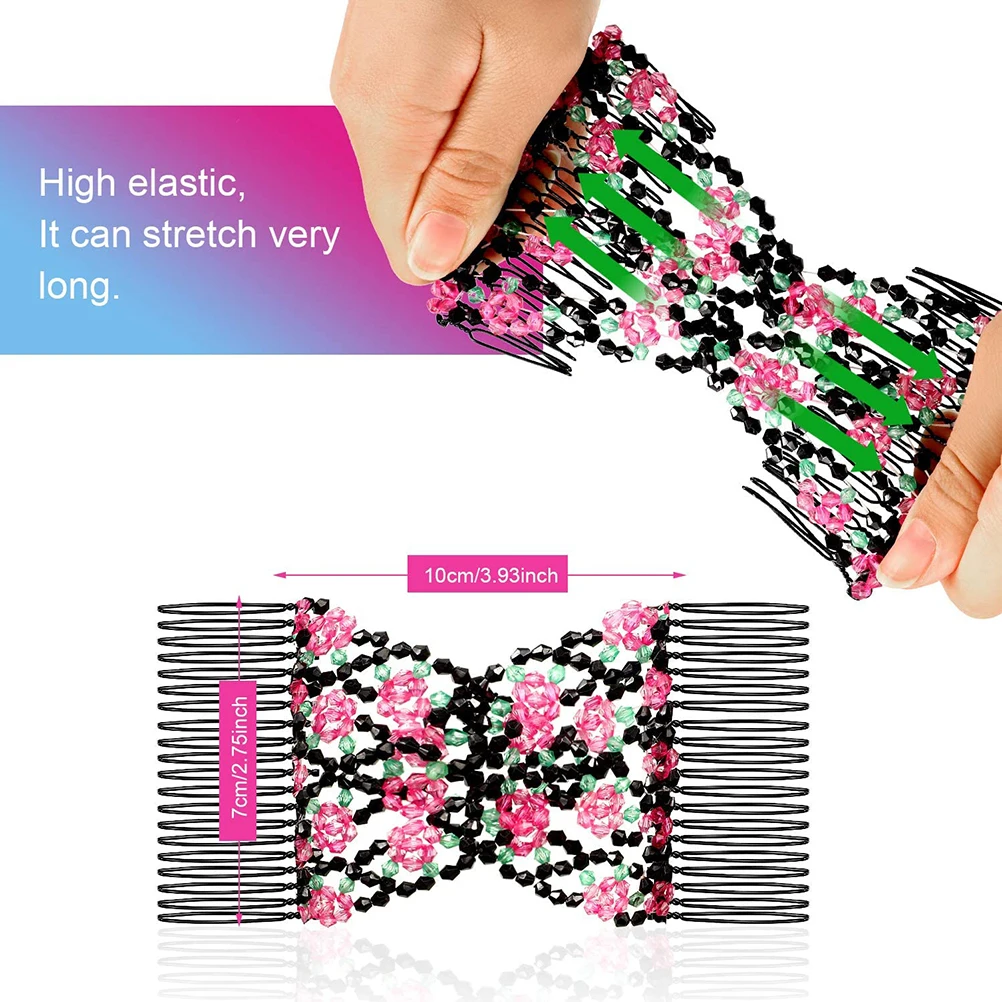 

4pcs Hair Bun Clips Stretchy Beaded Combs Double Head Steel Slides Thick Durable Flat Design Sleep Friendly Outdoor Use