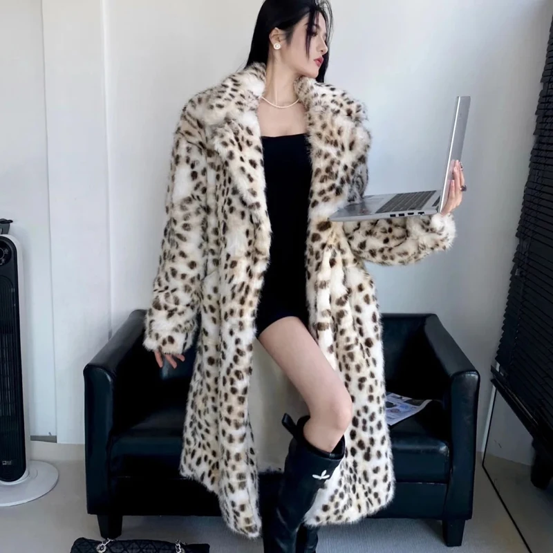 Manteau Long en fausse fourrure de renard léopard avec ceinture pour femme, pardessus élégant pour dames, mode de rue, manteau en fourrure de renard moelleuse