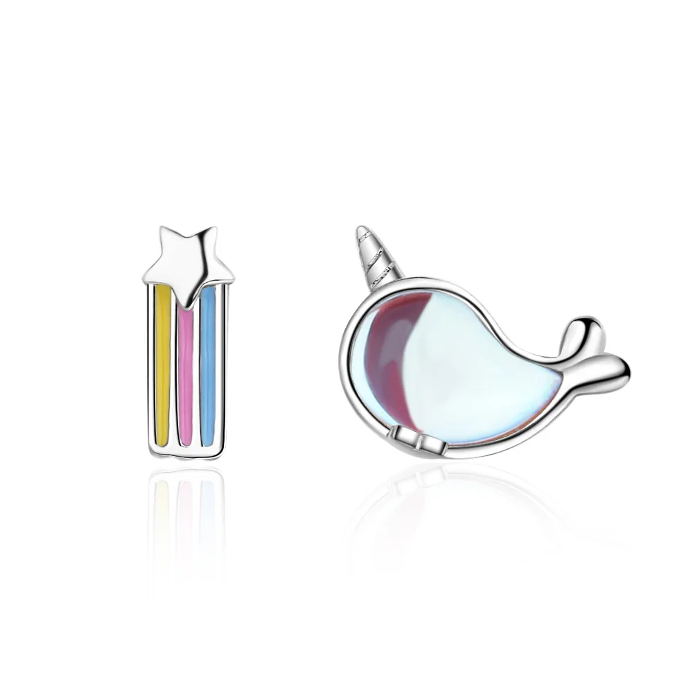 

925 Sterling Silver Rainbow Whale Asymmetry Stud Earrings For Women Luxury Jewelry Engagement Accessories Argent 925 Jewellery