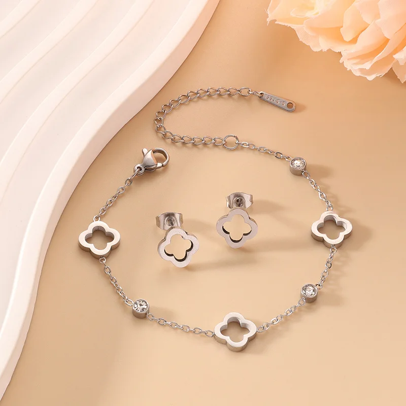EVISPOL Fashion Stainless Steel Clover Flower Bracelet Set for Women Stylish Gold Color Bangles Earring Piercing Jewelry Gifts