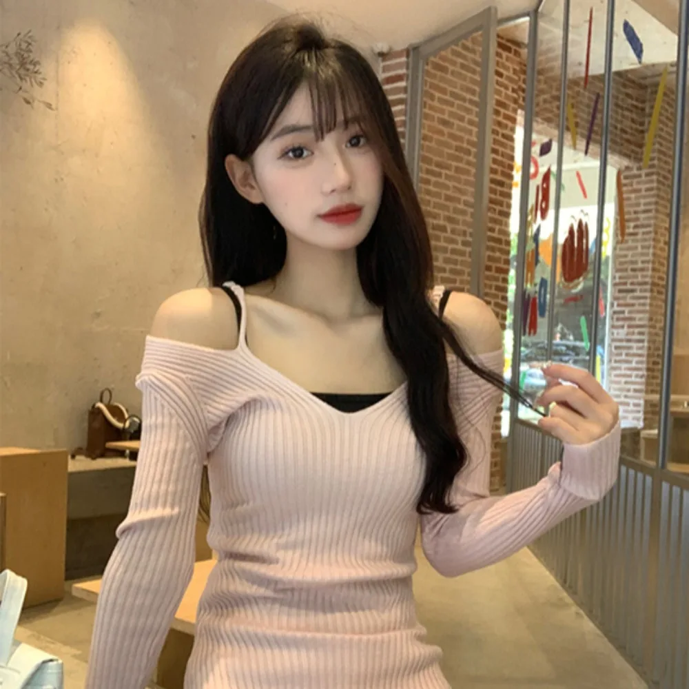 Women Pullovers Ins Knitted Straps Long Sleeve Fitting Korean Style Elegant Temperament Casual Tender Sweet Girls Breathable New