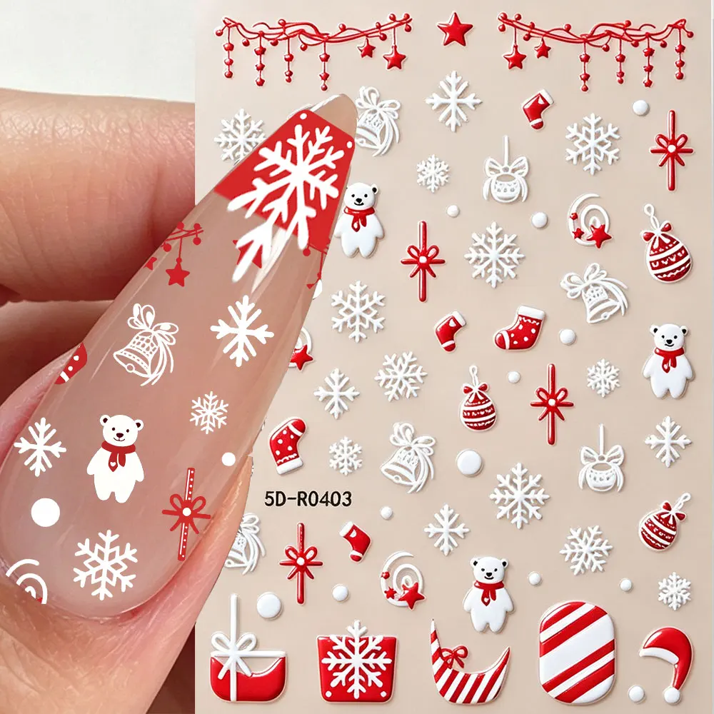 5D Embossed Red White Christmas Nail Stickers Snowflake Bear Bell Sock Gift Box Star Nail DecalsDIY Manicure Decor Accessories