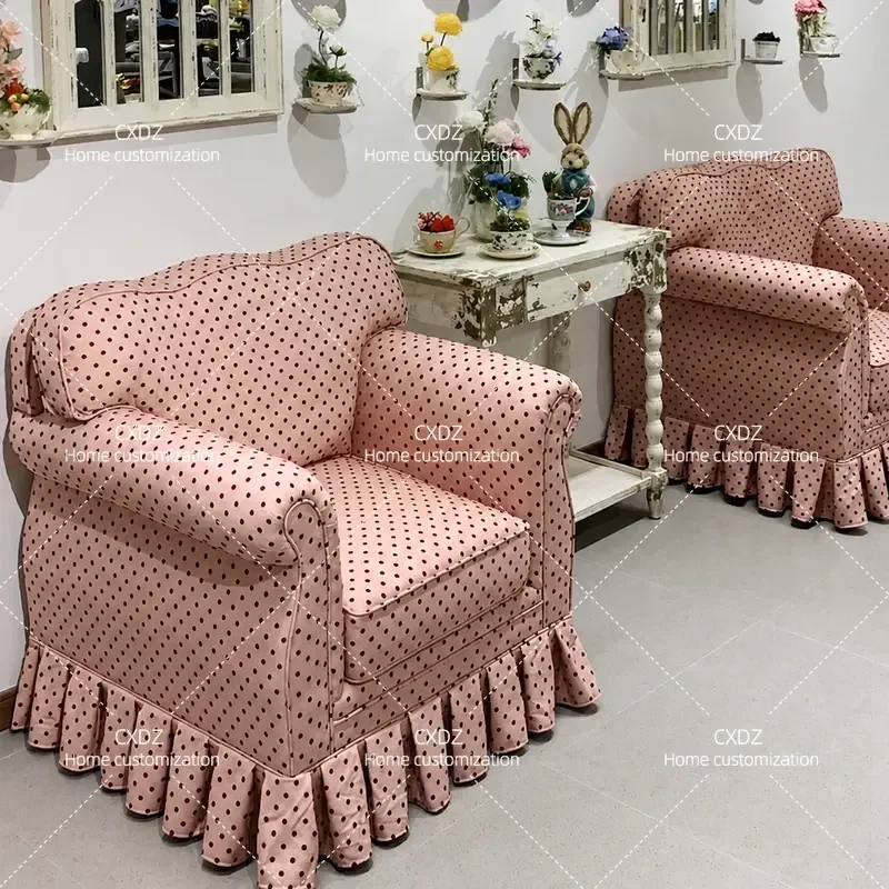French Retro Pink Polka Dot Single Sofa Chair Pastoral Cloth Princess Style Skirt Design Living Room Bedroom Furniture