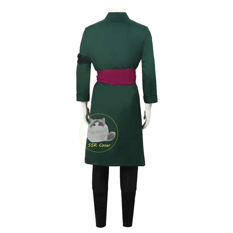 Anime Roronoa Zoro Cosplay Kostuum Uniform Groene Jas Riem Broek Hoofddoek Roronoa Zoro Pruik Oorbellen Halloween Mannen Kleding
