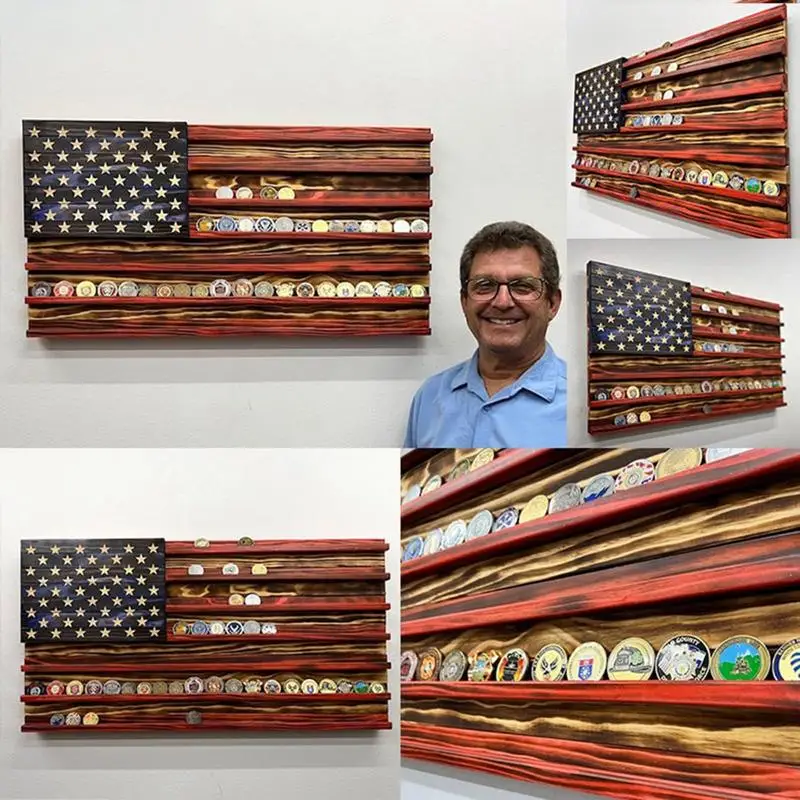 American Flag Challenge Coin Display, Rack de madeira para parede, Decoração pendurar, Rack titular de moedas