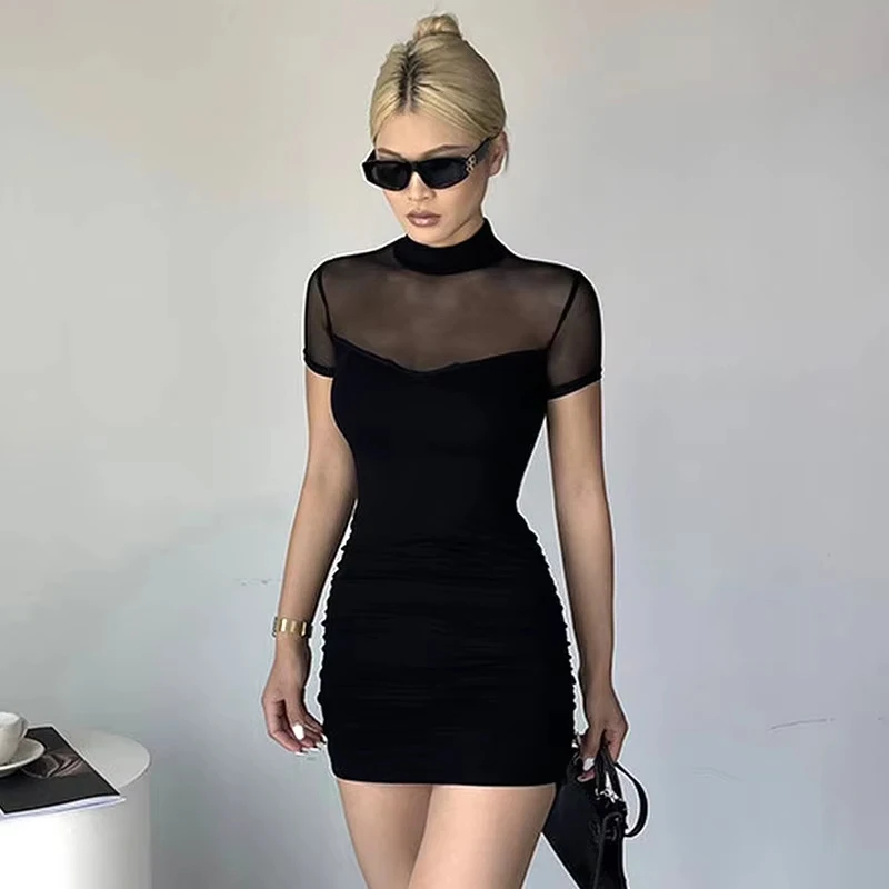 섹시한 Y2K 메쉬 솔리드 슬림 미니 드레스 여성 고딕 다크 오 넥 Bodycon 여성 드레스 여름 레이디 패치 워크 쉬어 파티 베스 티드