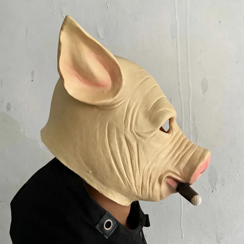 Lebensechte Schweinegesichts-Latexmaske mit dekorativer Zigarre, Tier-Vollkopfmaske, Karnevalsparty-Scherzkostüm-Accessoire für Erwachsene – Detail 4