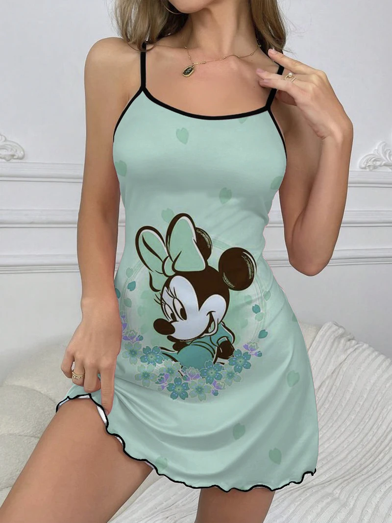 Vestido de verano de Minnie Mouse para mujer, falda de pijama de Disney con cuello redondo y ribete de lechuga, elegante, 2024