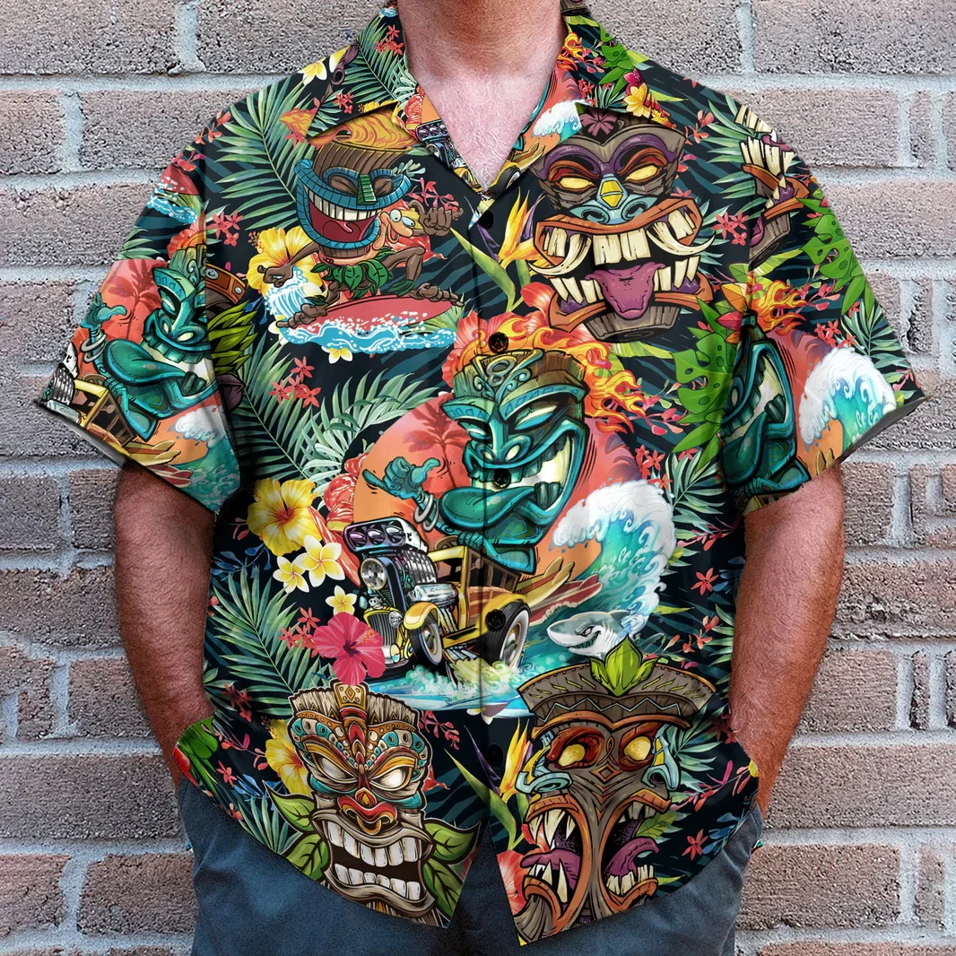 

Tiki Moai 3D Printed Hawaiian Button Up Shirts Clothes Vintage Civilization Horror Skull Graphic Blouses Casual Y2k Beach Shirt