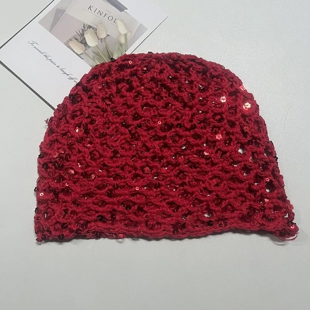 Hollow Knit Hollowed Out Beanie Hat Sequined Fringed Bohemian Style Beanies Breathable Korean Style Crochet Sequined Hat Dail
