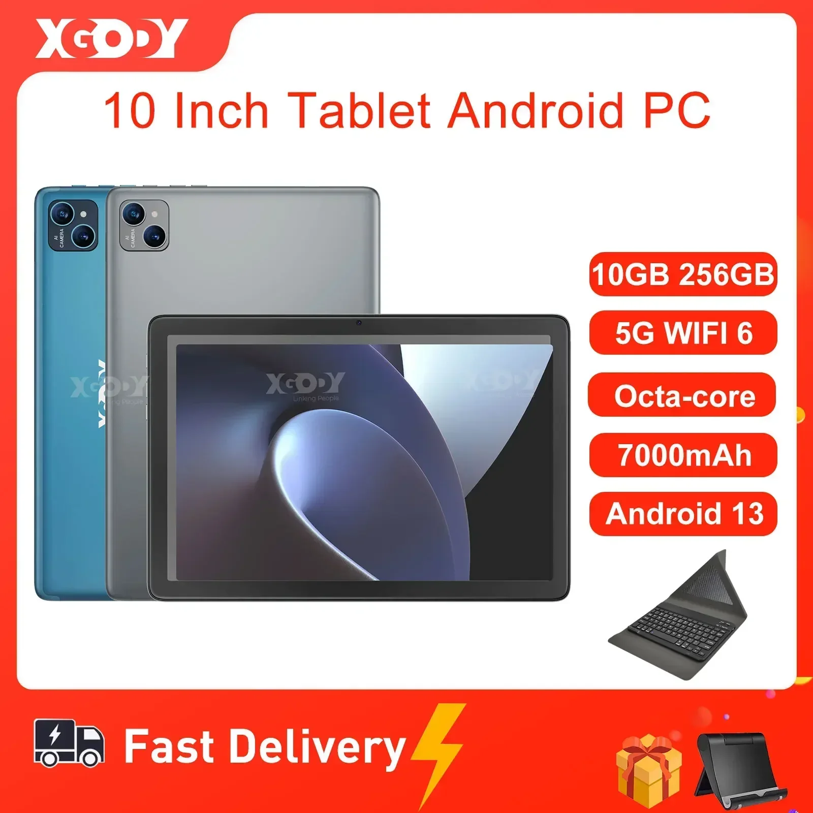 Xgody แท็บเล็ตแอนดรอยด์10นิ้ว OCTA-core หน้าจอ IPS 10GB พีซี256GB บางเฉียบ5Gwifi บลูทูธ Type-C 7000mAh พร้อมคีย์บอร์ด