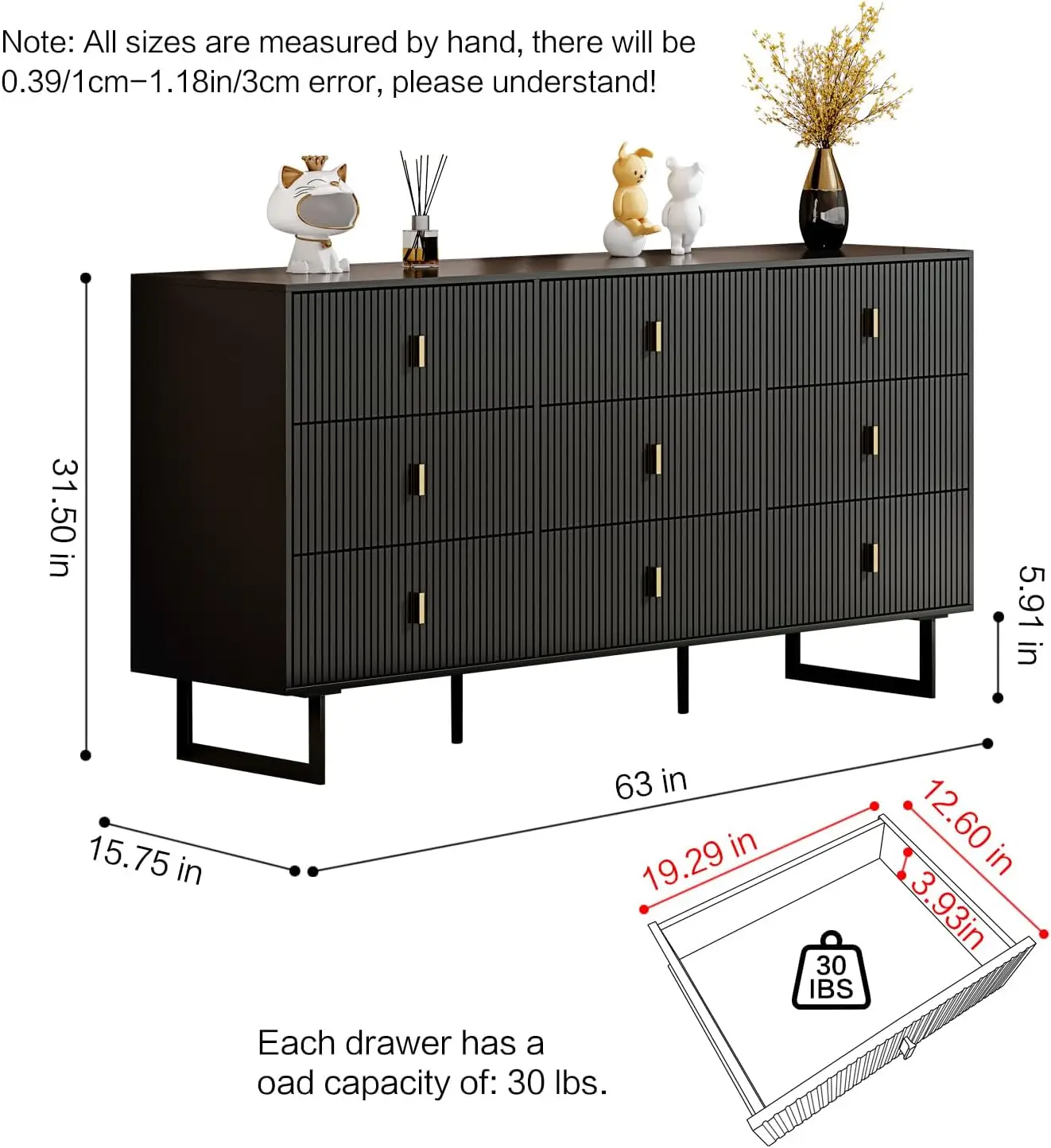 Modern Chest of Drawers with 9 Drawers,Deep Drawers,Clothes Organizer,Large Storage Cabinet for Living Room, Bedroom,Hallway,wit